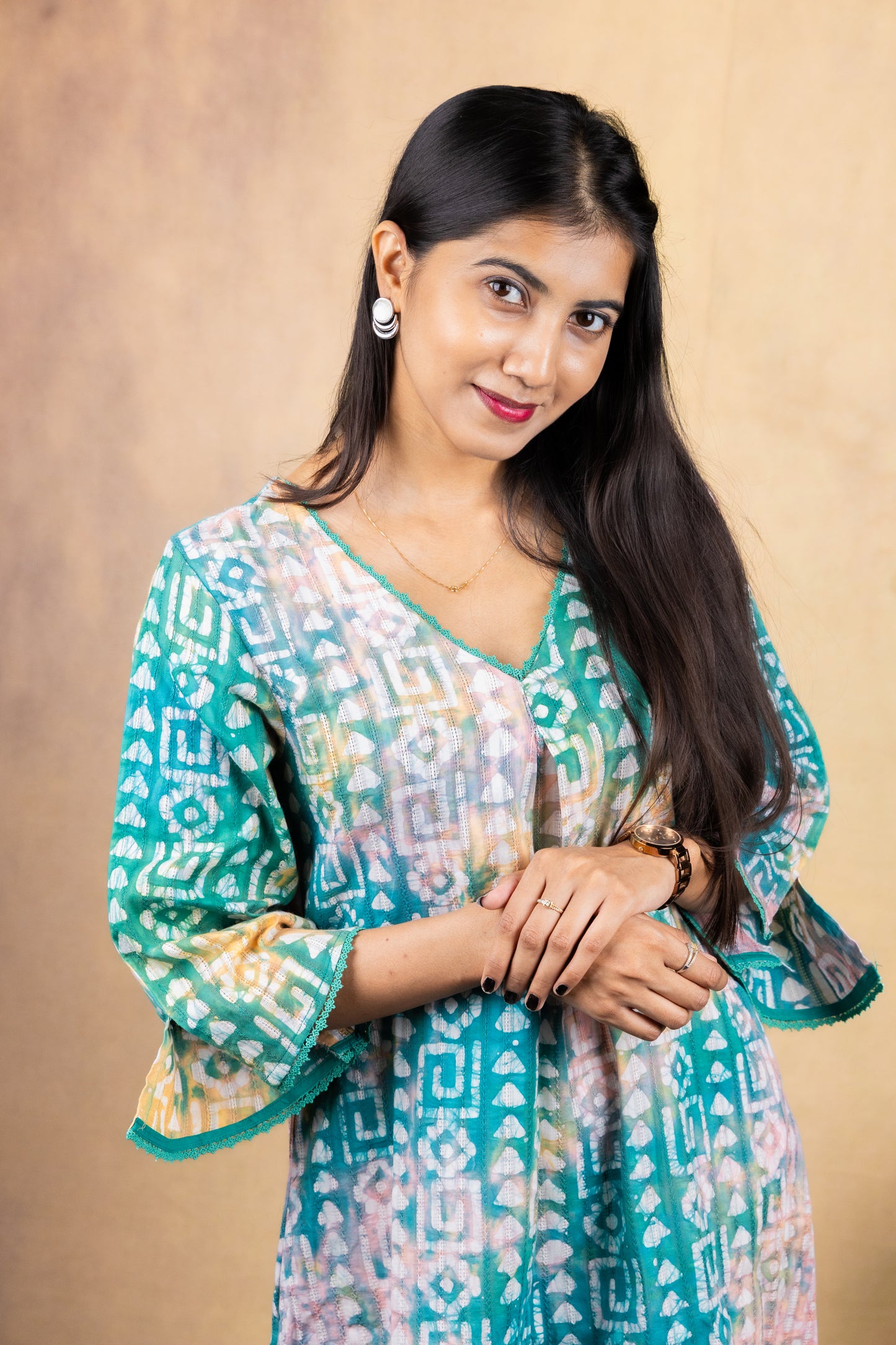 Teal Mist Handblock Kurta Set