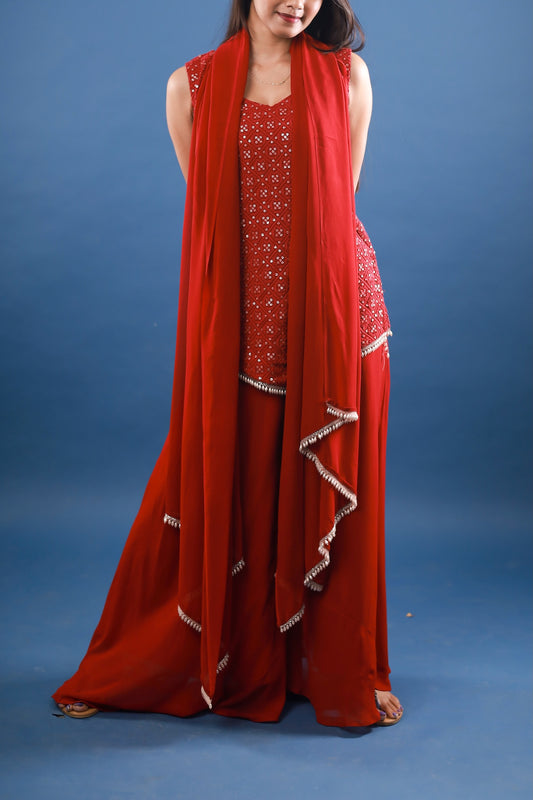 Devil Red Asymmetric Chikankari Sharara