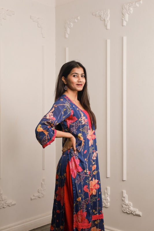 Firoza Phool Crepe Floral Kurta Pant Duo