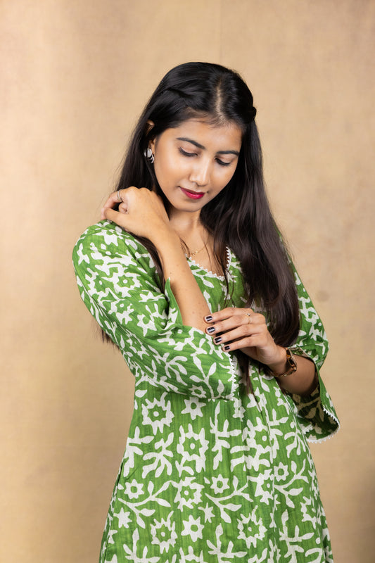 Sage Green Handblock Kurta Set