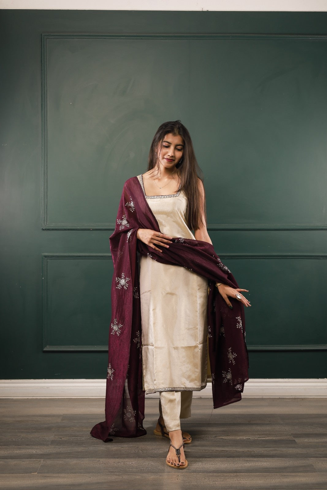 Champagne Ziya Shimmer Silk Suit Set