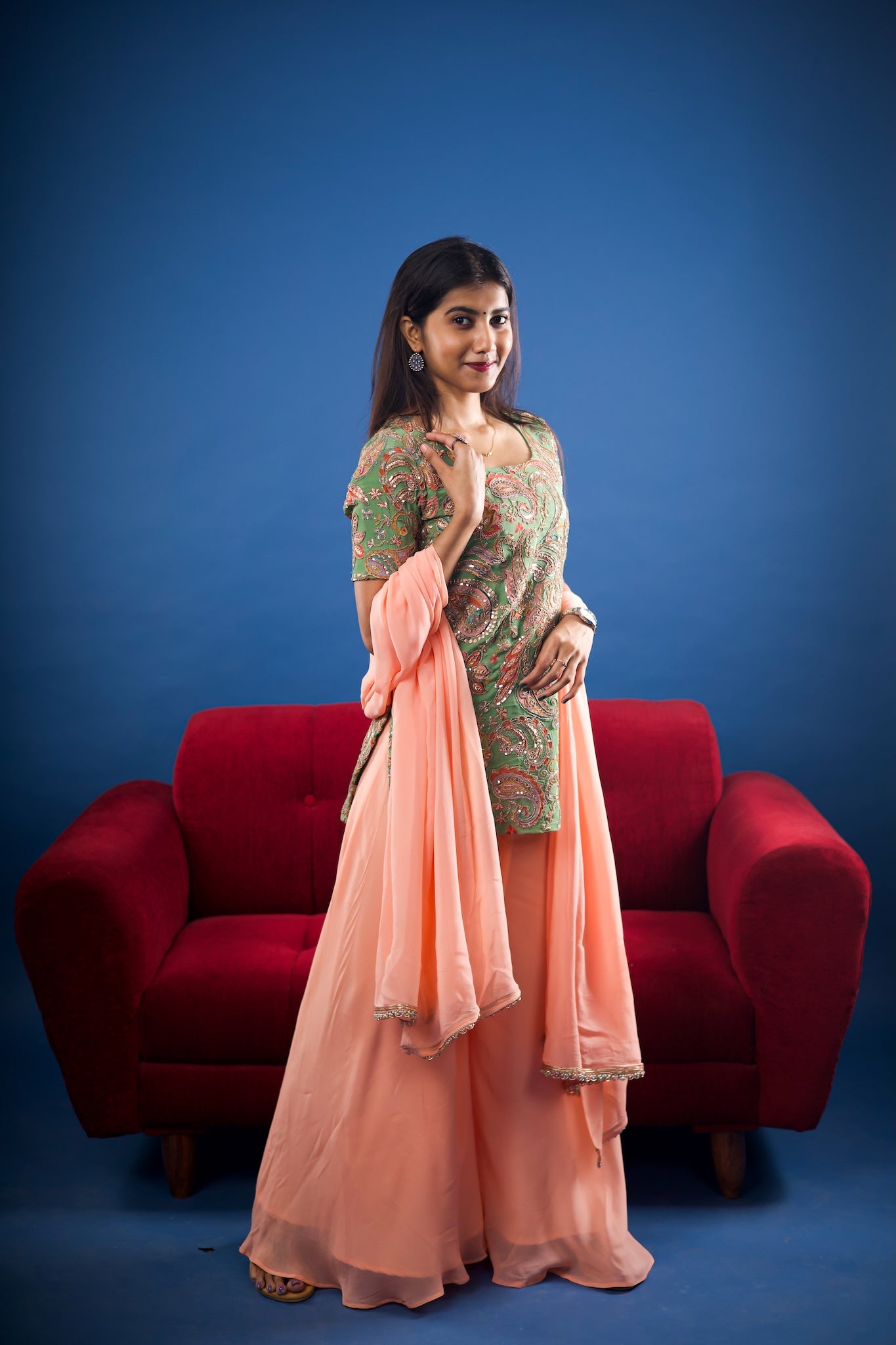 Pista Peach Peplum Sharara Set