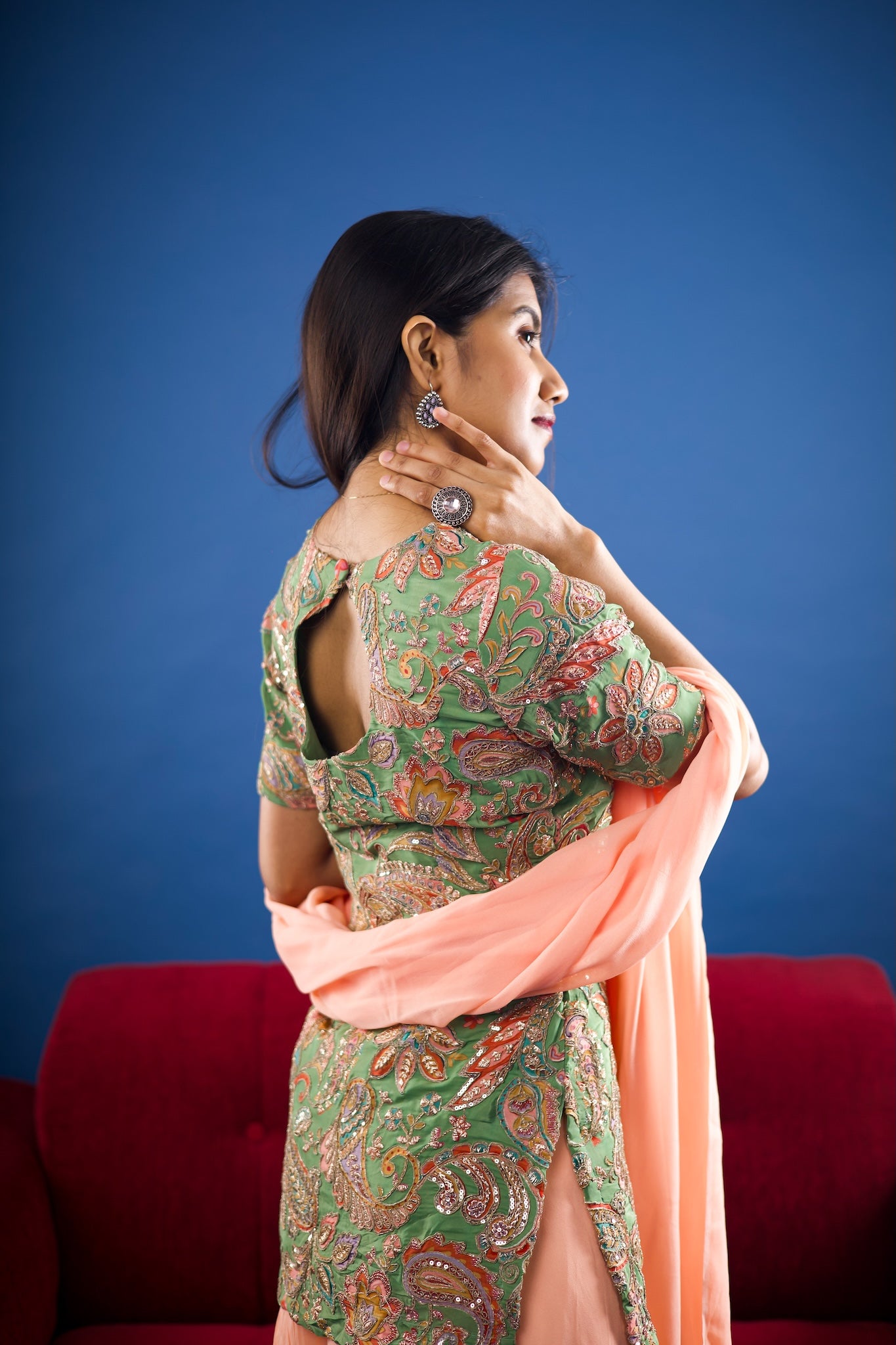 Pista Peach Peplum Sharara Set