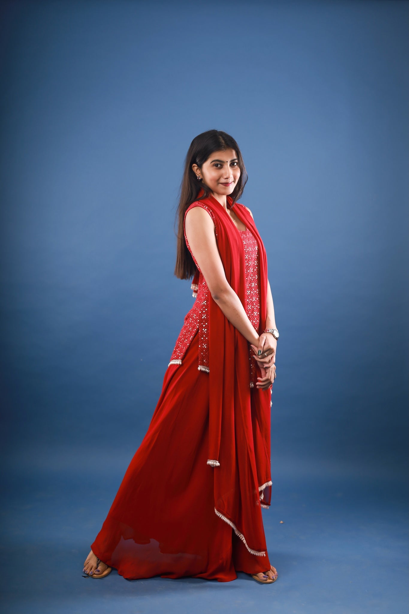 Devil Red Asymmetric Chikankari Sharara