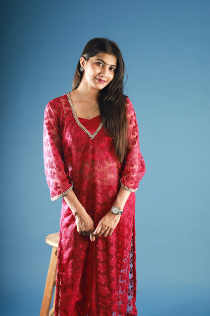 The Crimson Flora Sheer Kurta Set