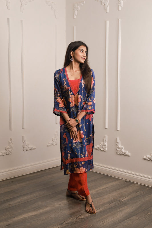 Firoza Phool Crepe Floral Kurta Pant Duo
